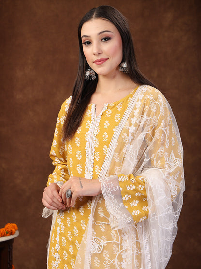 Floral Printed Rayon Straight Kurta Palazzo Dupatta Set (Pre-Order)