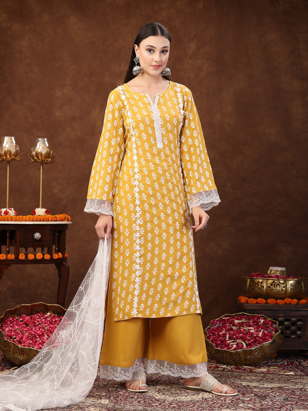 Floral Printed Rayon Straight Kurta Palazzo Dupatta Set