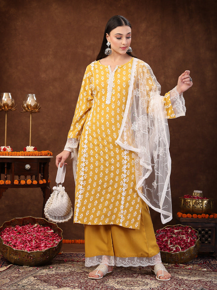 Floral Printed Rayon Straight Kurta Palazzo Dupatta Set
