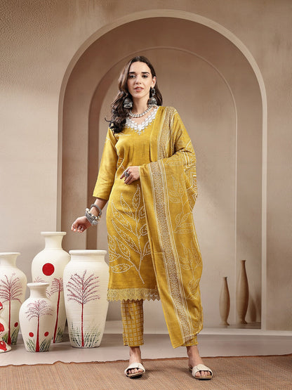 Yellow Bandhani Printed Cotton Blend Straight Kurta Pant Dupatta Set