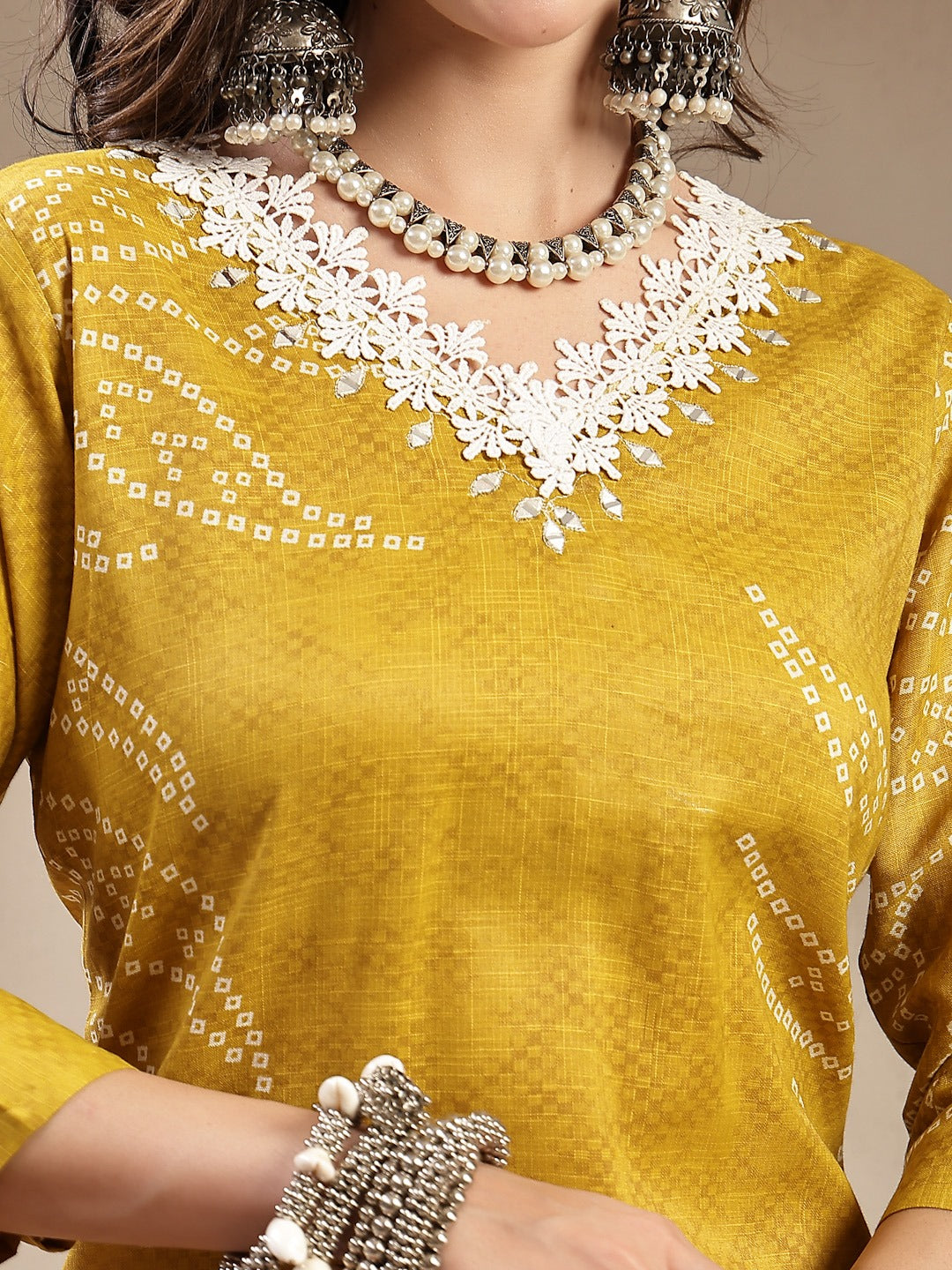 Yellow Bandhani Printed Cotton Blend Straight Kurta Pant Dupatta Set