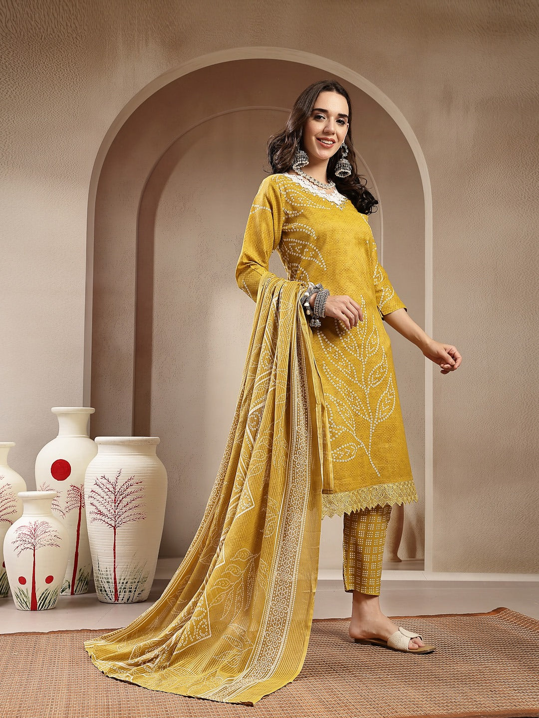 Yellow Bandhani Printed Cotton Blend Straight Kurta Pant Dupatta Set (Pre-Order)