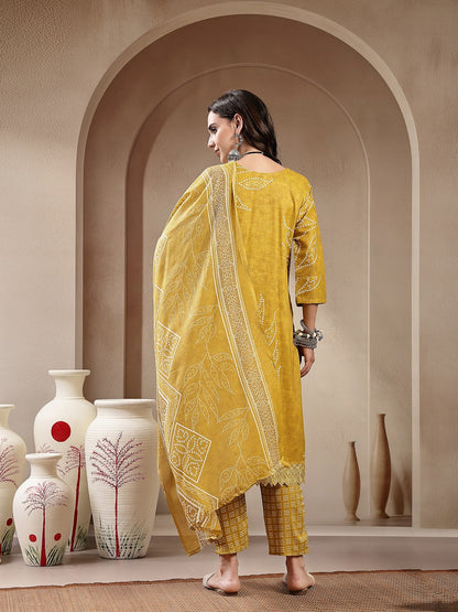Yellow Bandhani Printed Cotton Blend Straight Kurta Pant Dupatta Set