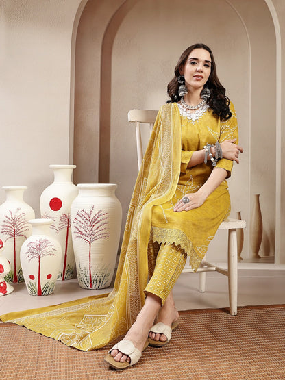 Yellow Bandhani Printed Cotton Blend Straight Kurta Pant Dupatta Set (Pre-Order)
