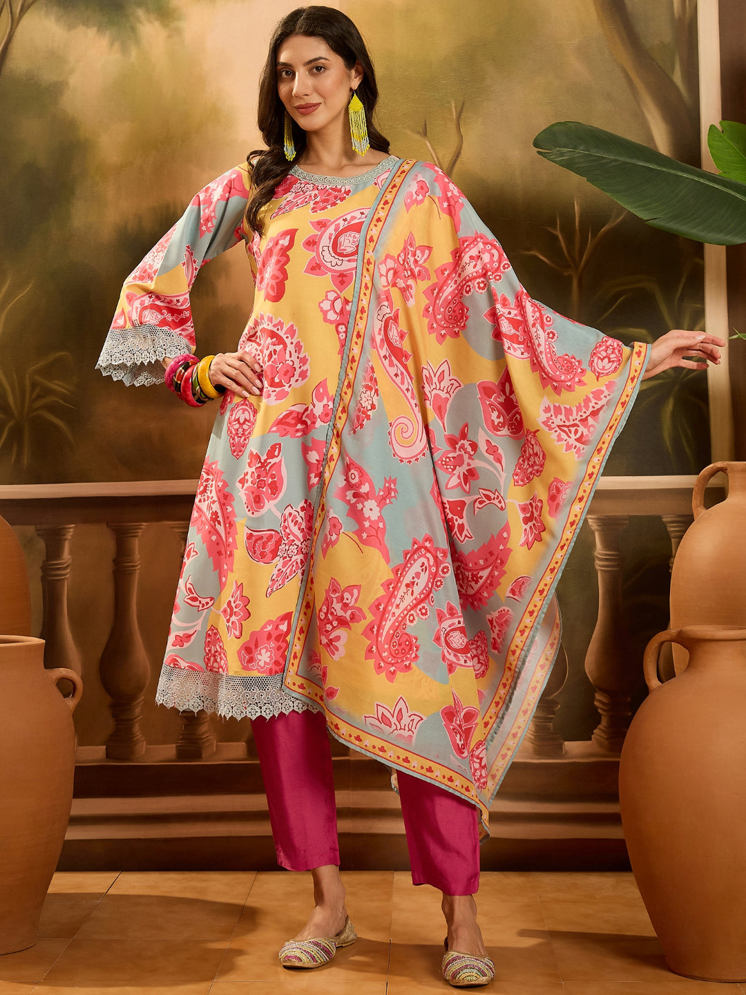 Paisley Printed Muslin Pakistani Style A-Line Kurta Pant Dupatta Set