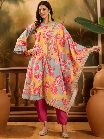 Paisley Printed Muslin Pakistani Style A-Line Kurta Pant Dupatta Set