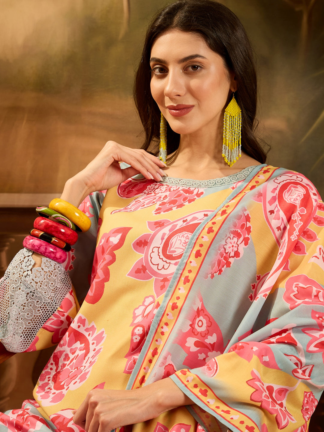 Paisley Printed Muslin Pakistani Style A-Line Kurta Pant Dupatta Set