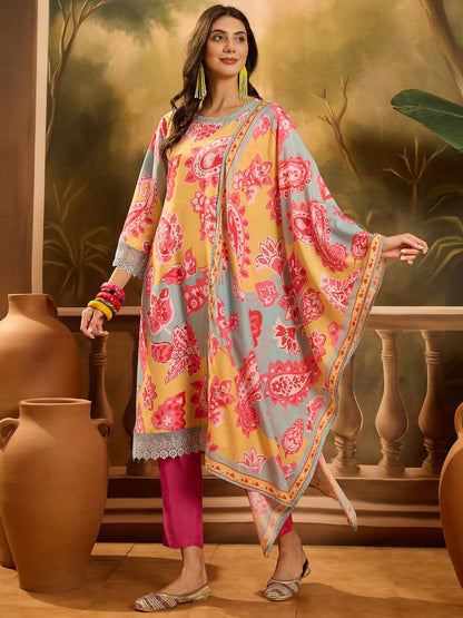 Paisley Printed Muslin Pakistani Style A-Line Kurta Pant Dupatta Set