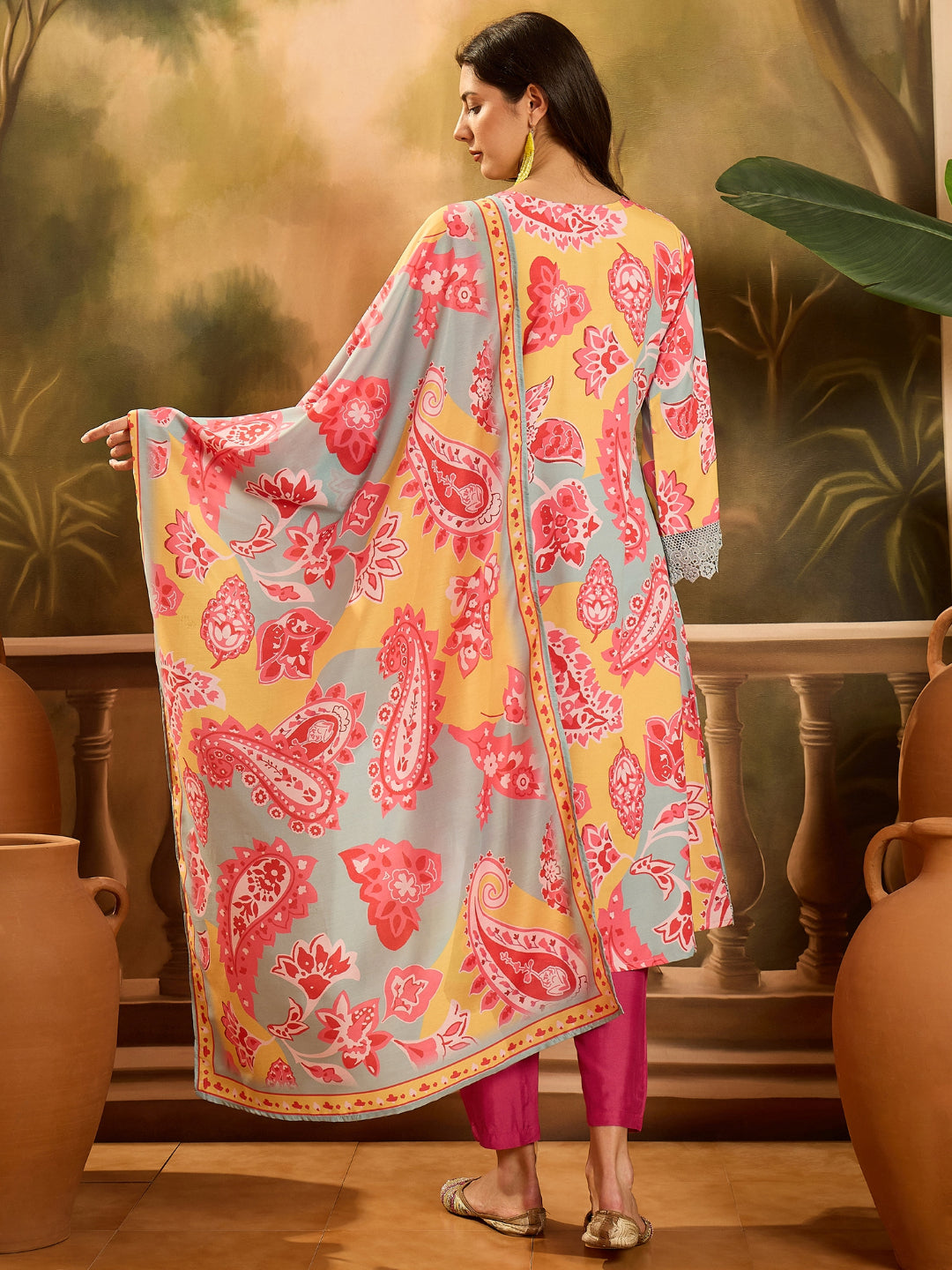 Paisley Printed Muslin Pakistani Style A-Line Kurta Pant Dupatta Set