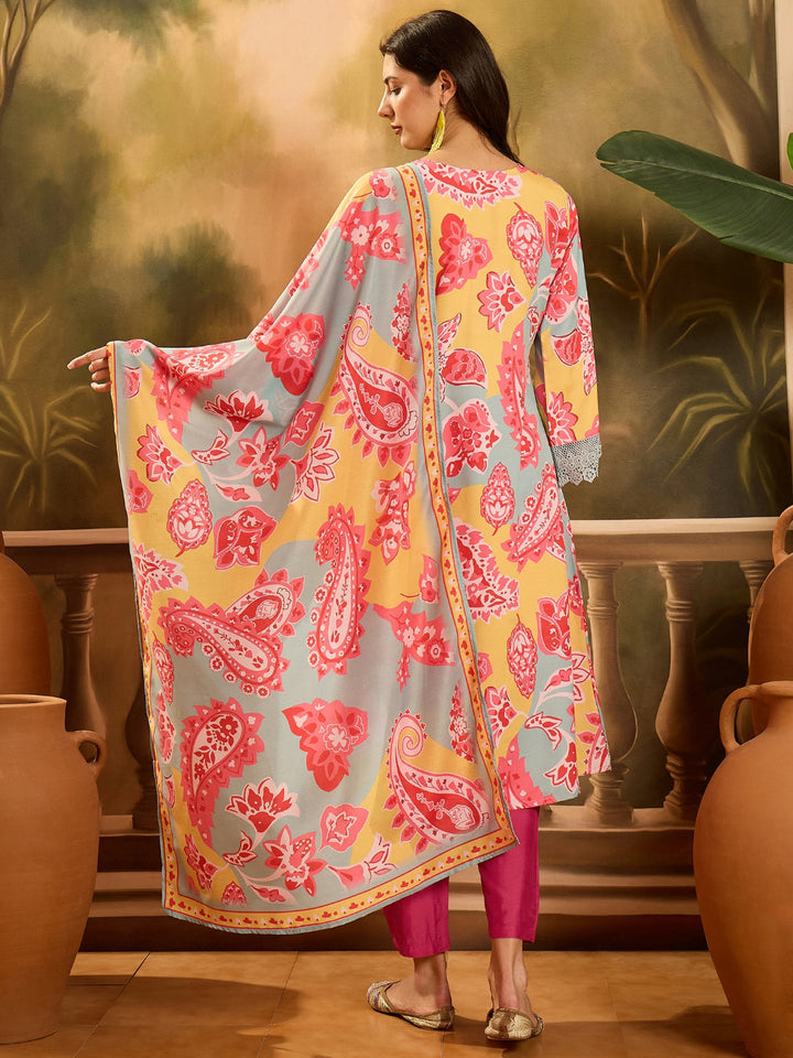 Paisley Printed Muslin Pakistani Style A-Line Kurta Pant Dupatta Set
