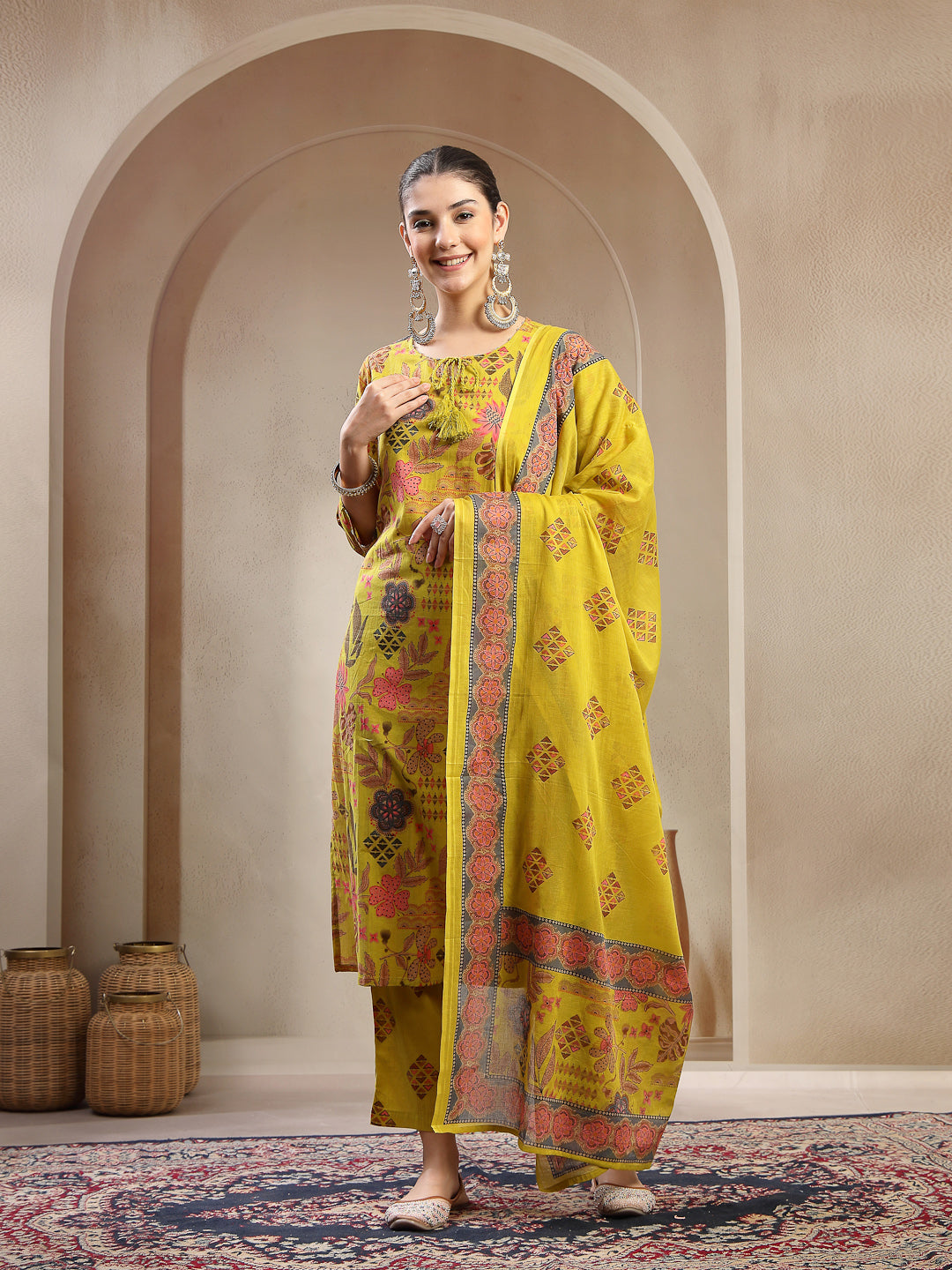Yellow Floral Printed Cotton Straight Kurta Pant Dupatta Set
