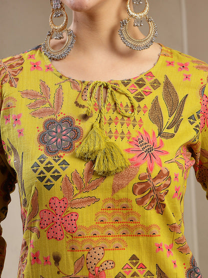 Yellow Floral Printed Cotton Straight Kurta Pant Dupatta Set