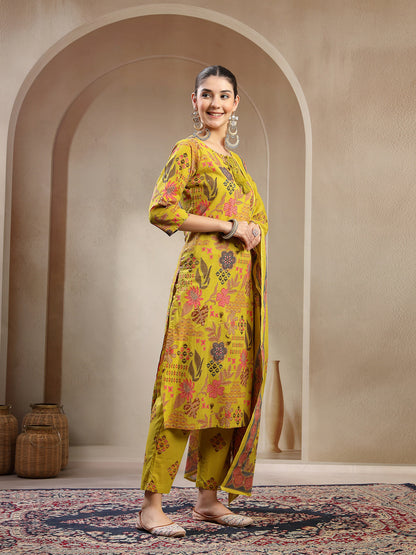 Yellow Floral Printed Cotton Straight Kurta Pant Dupatta Set