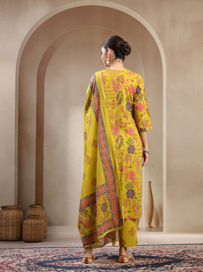 Yellow Floral Printed Cotton Straight Kurta Pant Dupatta Set