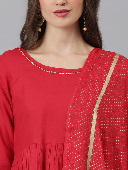 Women Checkered Rayon Flared Kurta Pant Dupatta Set (Pre-Order)