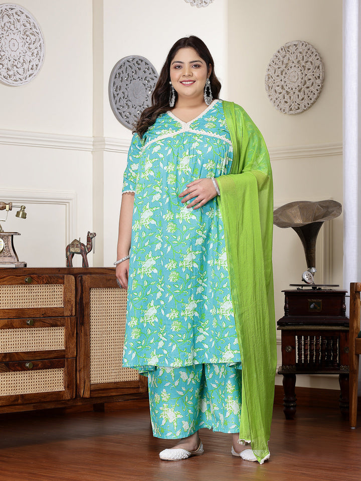 Plus Size Floral Printed Cotton Pleated Kurta Palazzo Dupatta Set