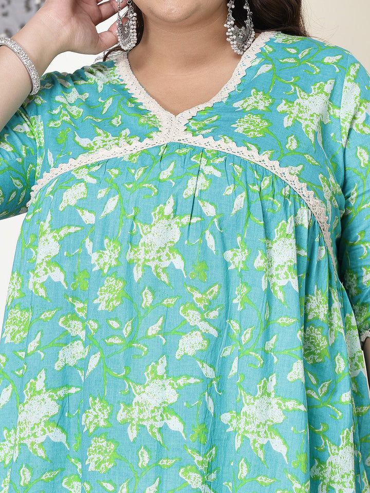 Plus Size Floral Printed Cotton Pleated Kurta Palazzo Dupatta Set