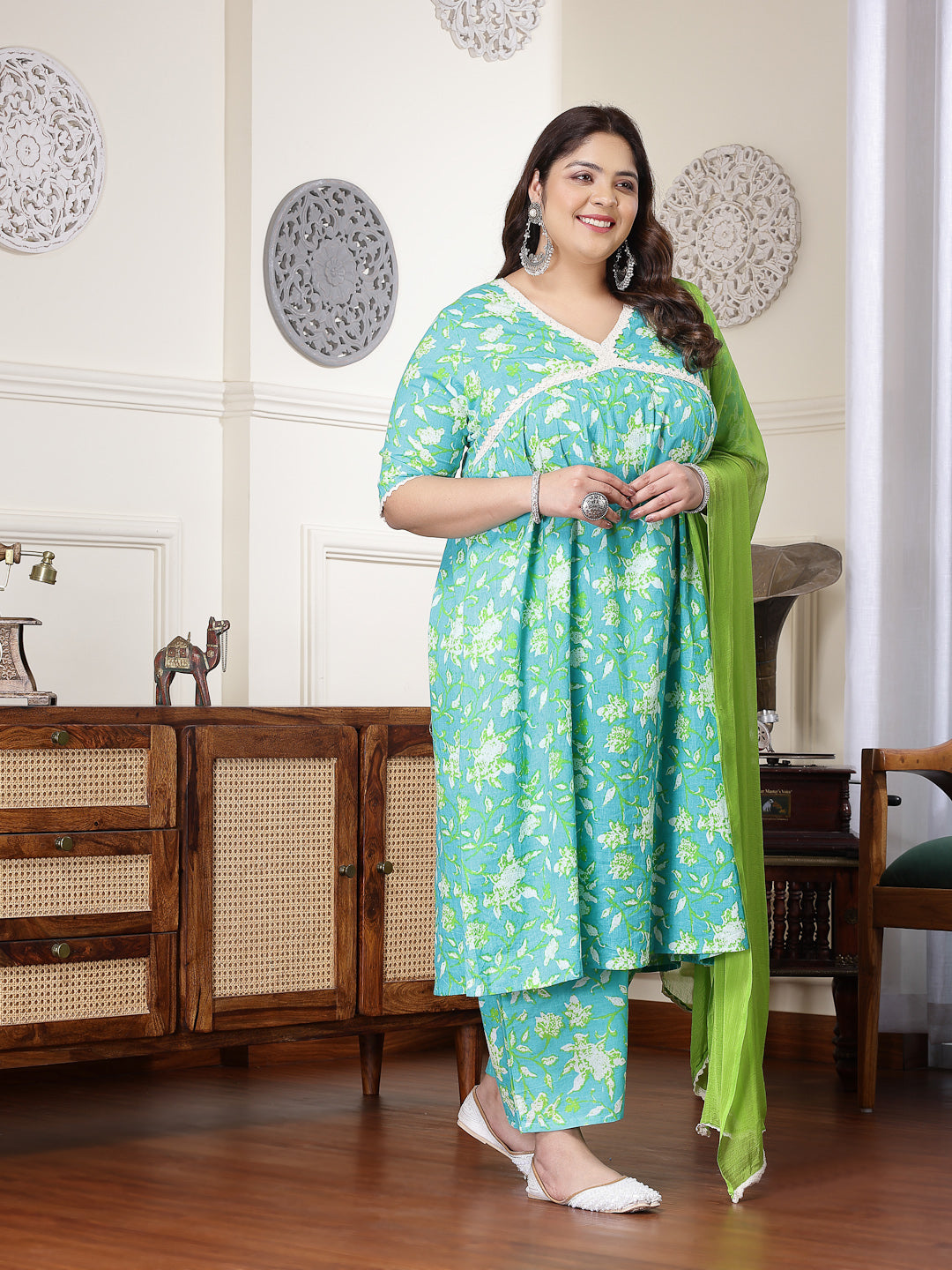Plus Size Floral Printed Cotton Pleated Kurta Palazzo Dupatta Set
