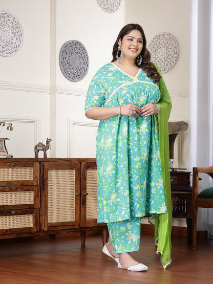 Plus Size Floral Printed Cotton Pleated Kurta Palazzo Dupatta Set