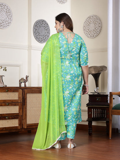 Plus Size Floral Printed Cotton Pleated Kurta Palazzo Dupatta Set