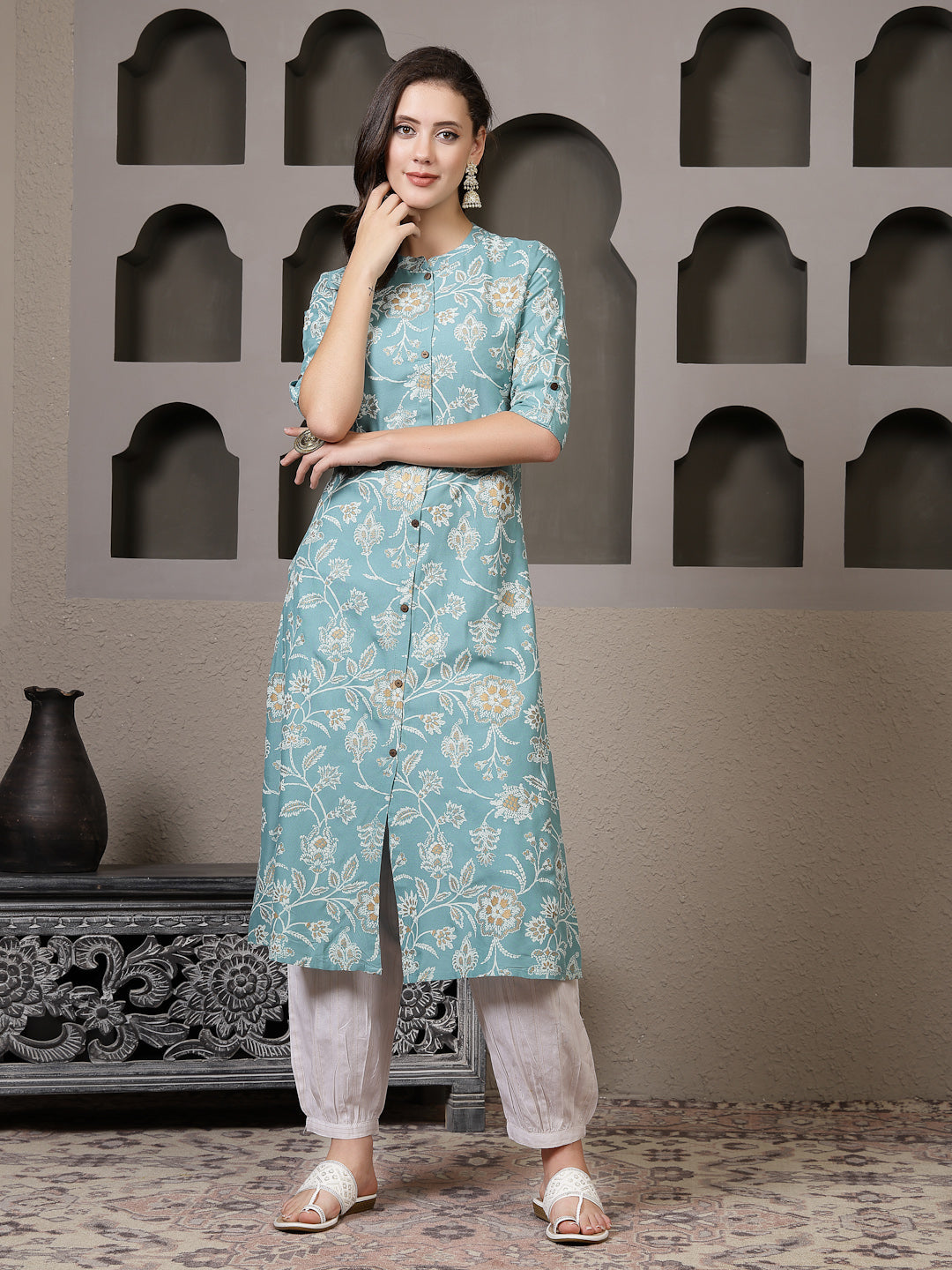 Aqua Floral Printed Rayon A-Line Kurta Pant Set (Pre-Order)