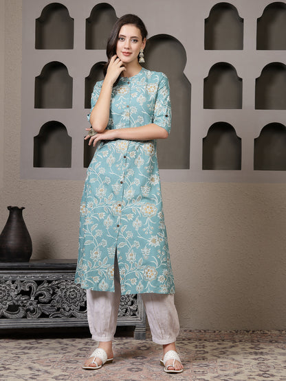 Aqua Floral Printed Rayon A-Line Kurta Pant Set (Pre-Order)