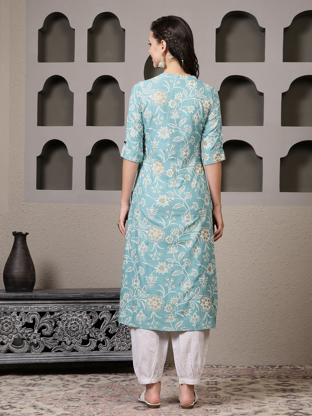 Aqua Floral Printed Rayon A-Line Kurta Pant Set (Pre-Order)