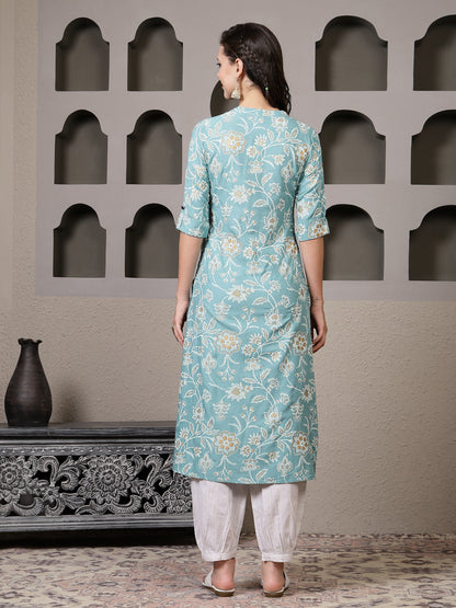 Aqua Floral Printed Rayon A-Line Kurta Pant Set (Pre-Order)