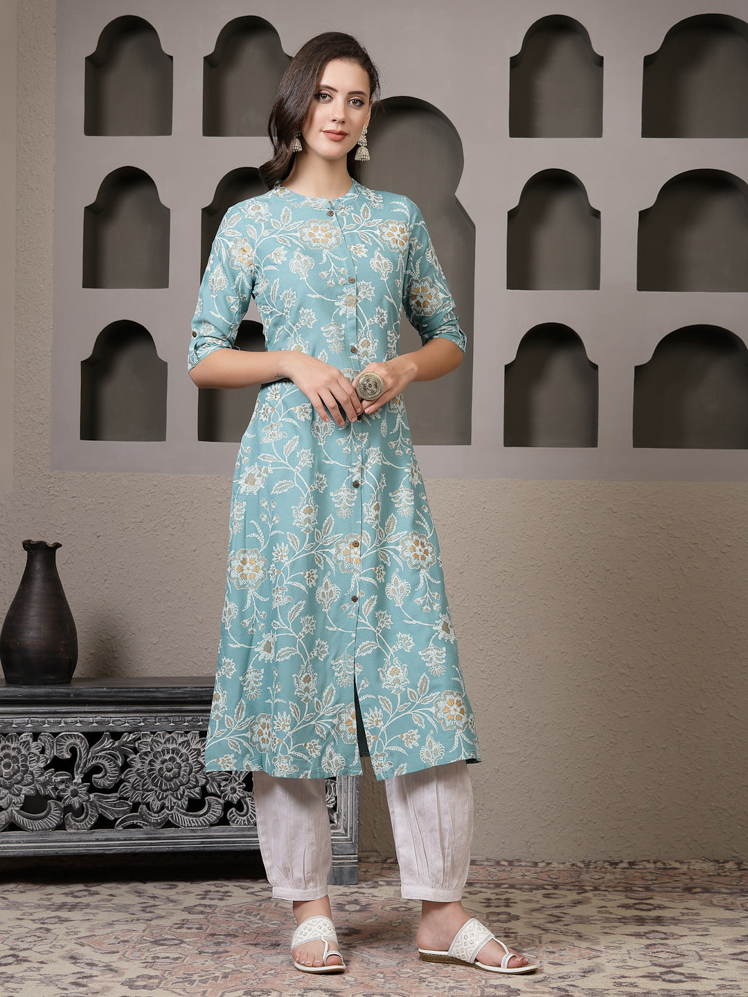 Aqua Floral Printed Rayon A-Line Kurta Pant Set (Pre-Order)