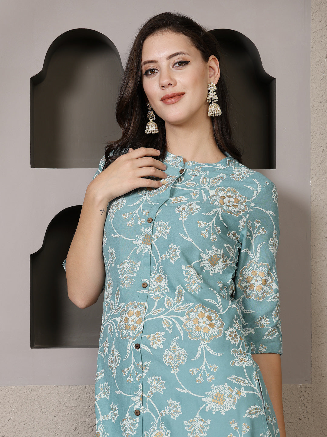 Aqua Floral Printed Rayon A-Line Kurta Pant Set (Pre-Order)