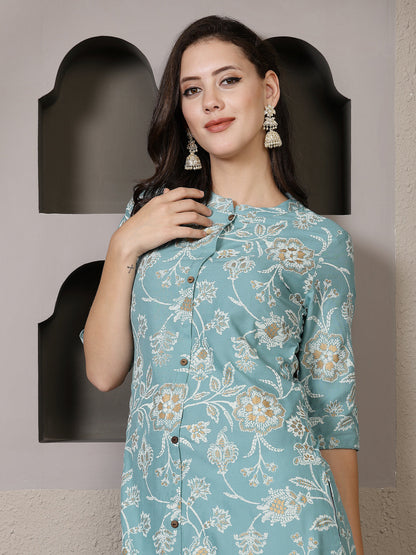 Aqua Floral Printed Rayon A-Line Kurta Pant Set (Pre-Order)