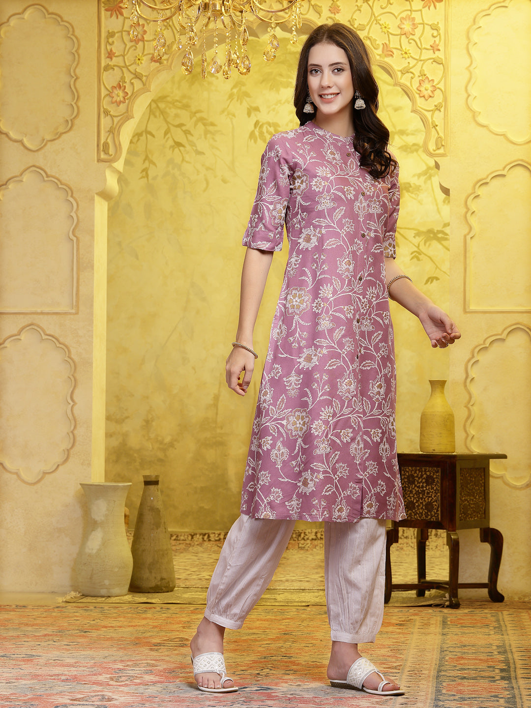 Mauve Floral Printed Rayon A-Line Kurta Pant Set (Pre-Order)