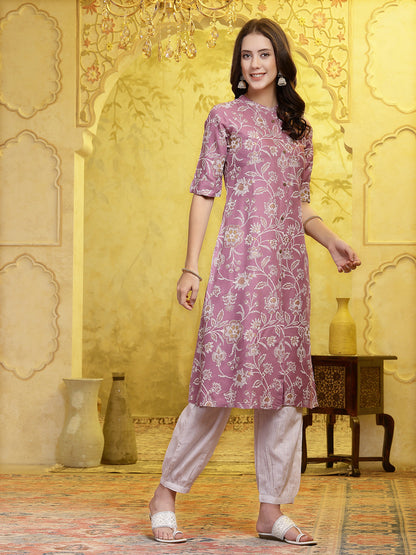 Mauve Floral Printed Rayon A-Line Kurta Pant Set (Pre-Order)