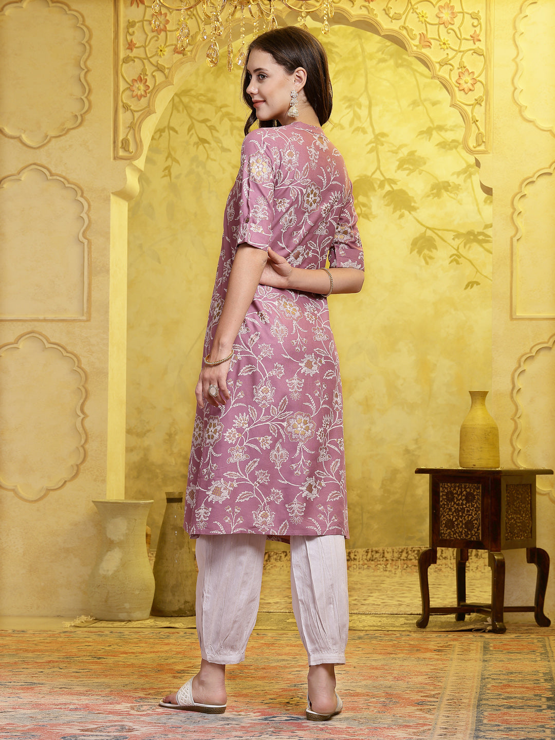 Mauve Floral Printed Rayon A-Line Kurta Pant Set (Pre-Order)