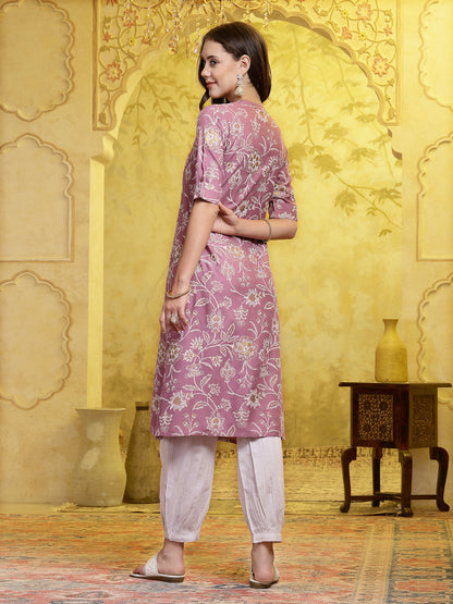 Mauve Floral Printed Rayon A-Line Kurta Pant Set (Pre-Order)