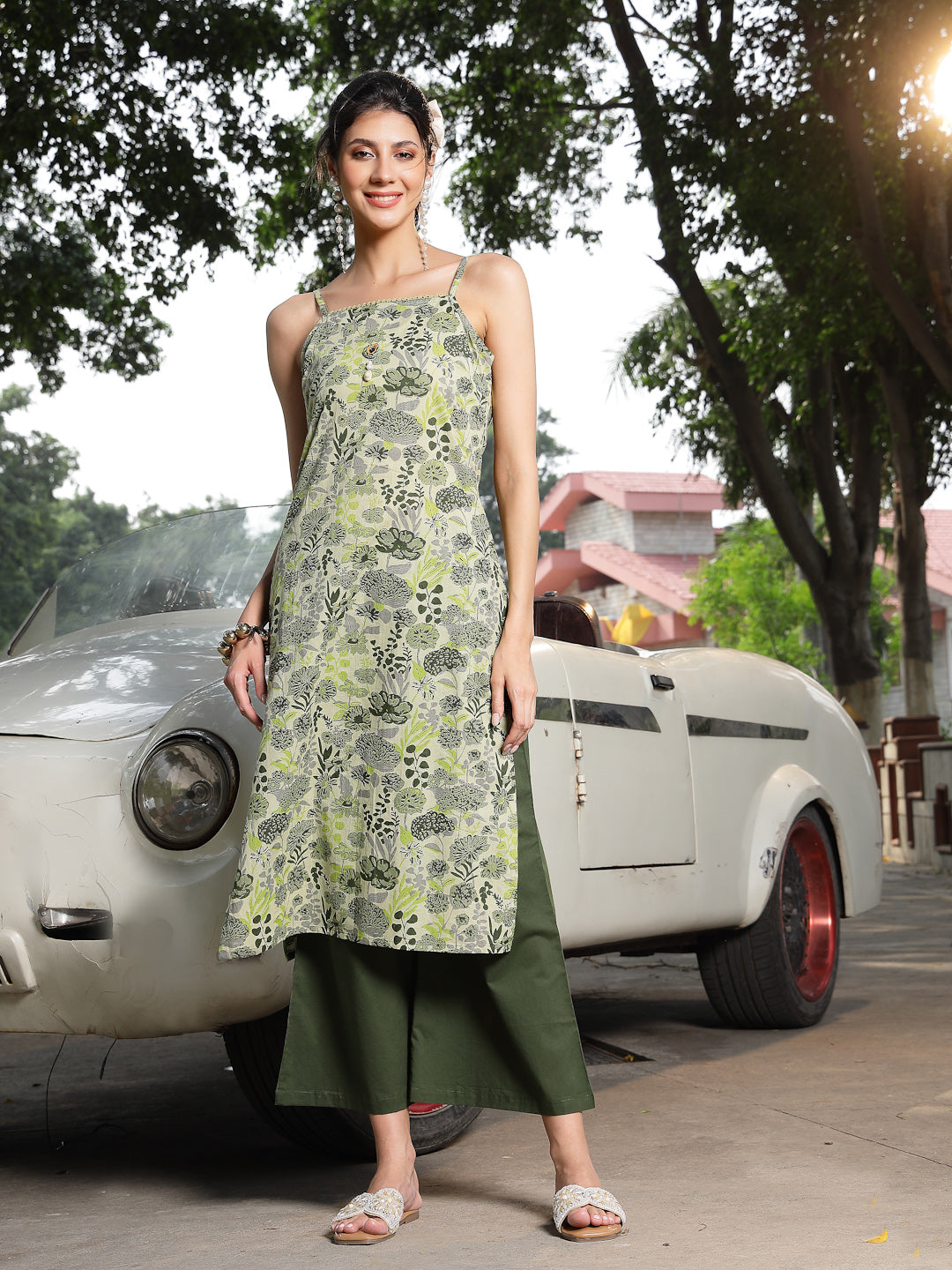 Green Floral Printed Cotton Straight Kurta Palazzo Set