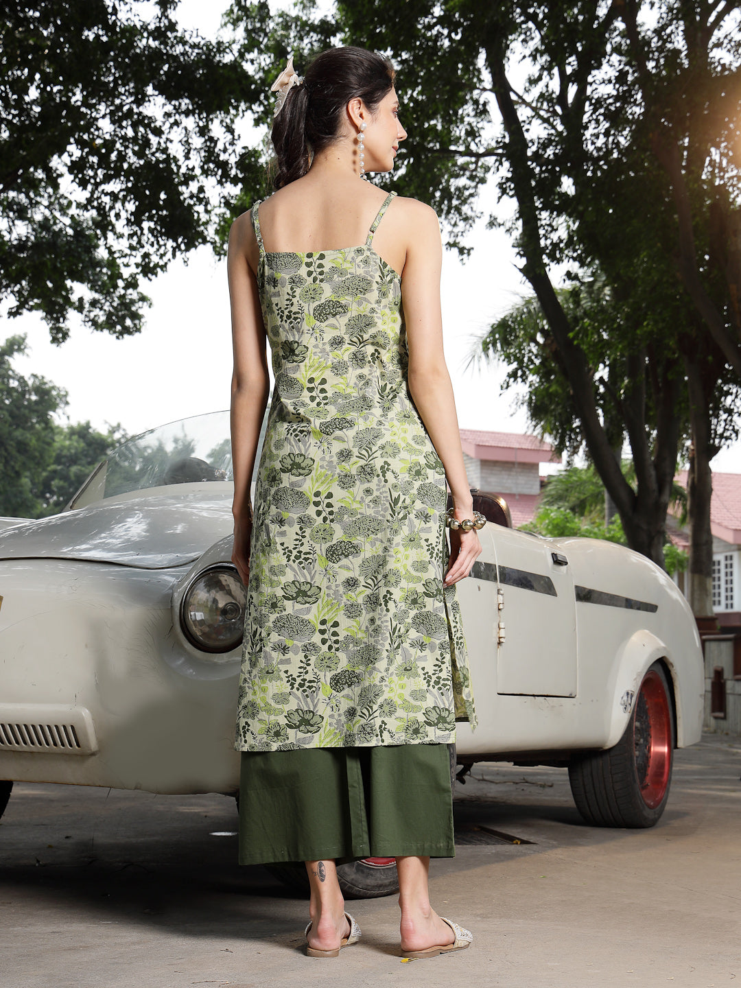 Green Floral Printed Cotton Straight Kurta Palazzo Set (Pre-Order)