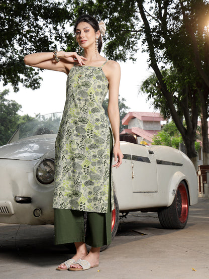 Green Floral Printed Cotton Straight Kurta Palazzo Set (Pre-Order)