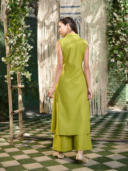 Green Solid Cotton Blend Kurta Pant Set (Pre-Order)