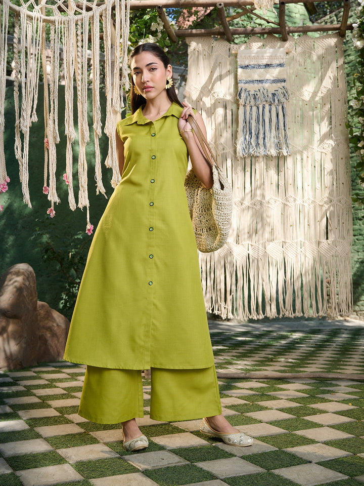 Green Solid Cotton Blend Kurta Pant Set