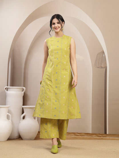 Woven Design Kantha Cotton A-Line Kurta Palazzo Set