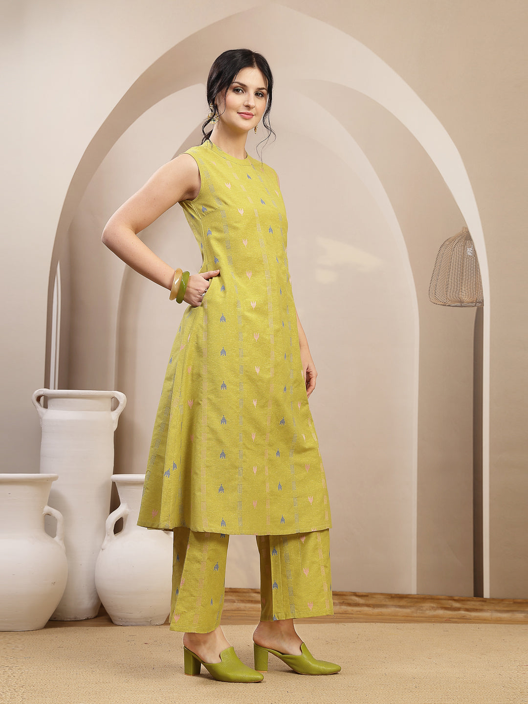 Woven Design Kantha Cotton A-Line Kurta Palazzo Set