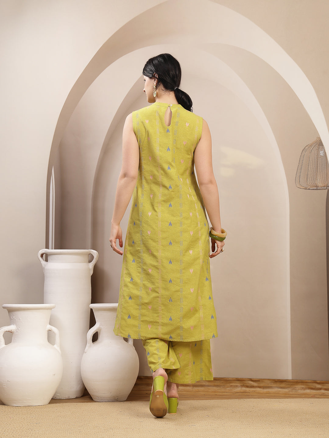 Woven Design Kantha Cotton A-Line Kurta Palazzo Set