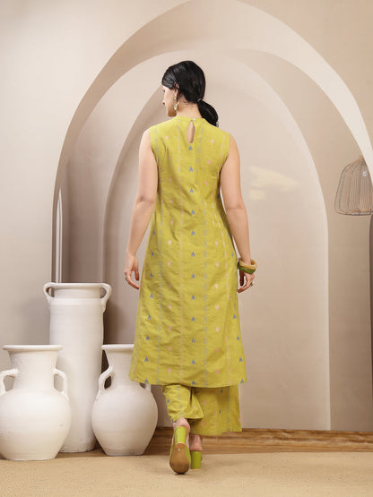 Woven Design Kantha Cotton A-Line Kurta Palazzo Set