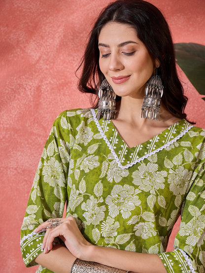 Green Floral Printed Cotton Straight Kurta Pant Set