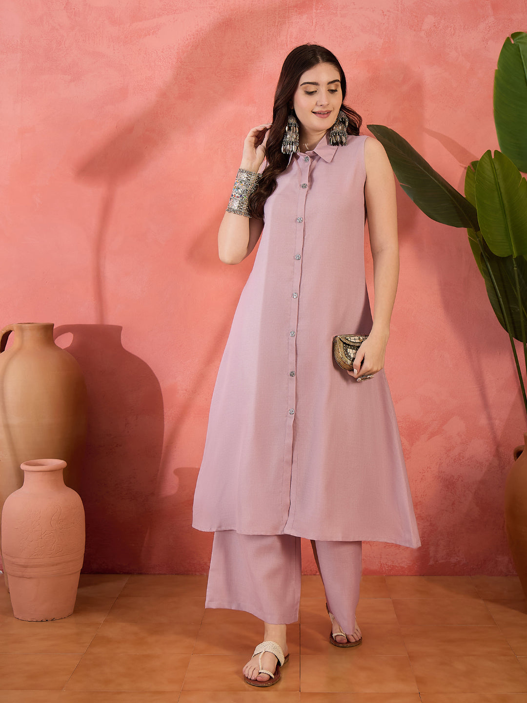 Solid Cotton Blend Kurta Palazzo Set
