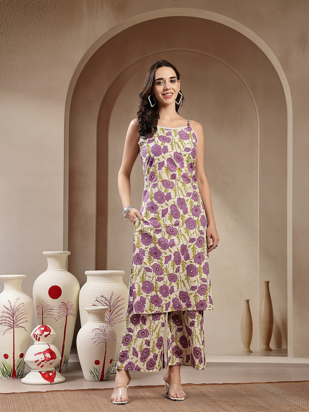 Lavender Floral Printed Cotton Straight Kurta Palazzo Set