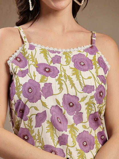 Lavender Floral Printed Cotton Straight Kurta Palazzo Set