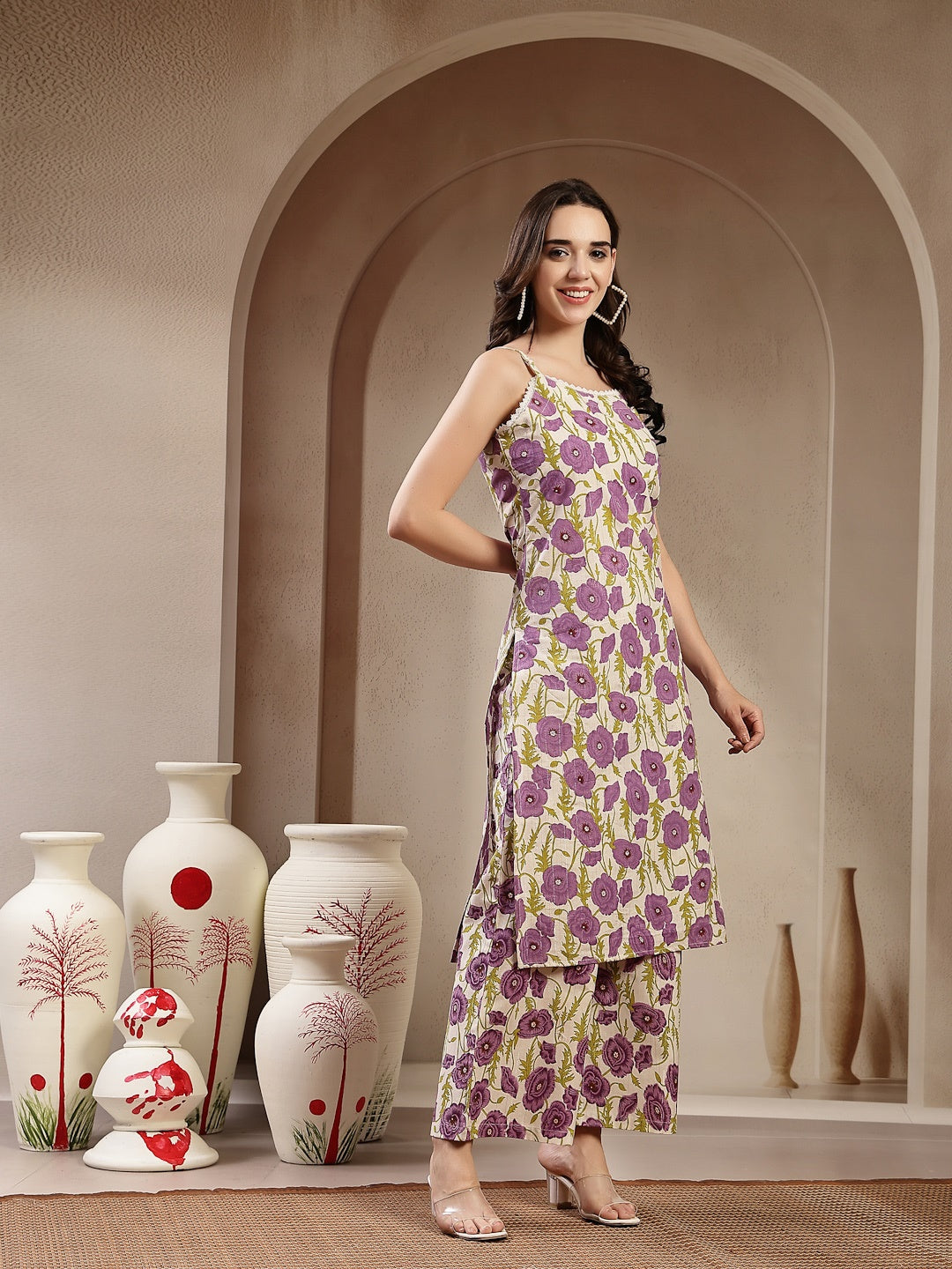 Lavender Floral Printed Cotton Straight Kurta Palazzo Set