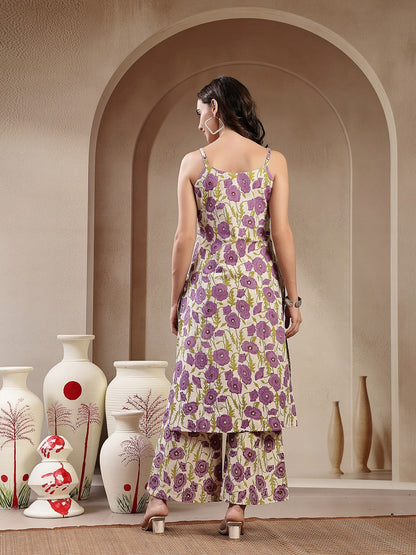 Lavender Floral Printed Cotton Straight Kurta Palazzo Set